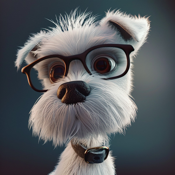 Niedlicher weißer Hund mit einer Brille auf der Nase